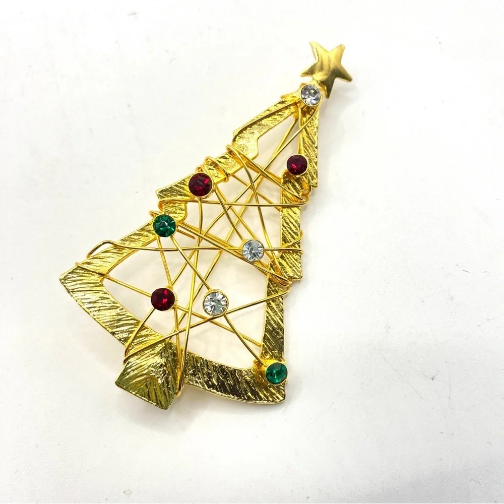 Christmas Tree Brooch Large Goldtone Modern Style With Rhinestones